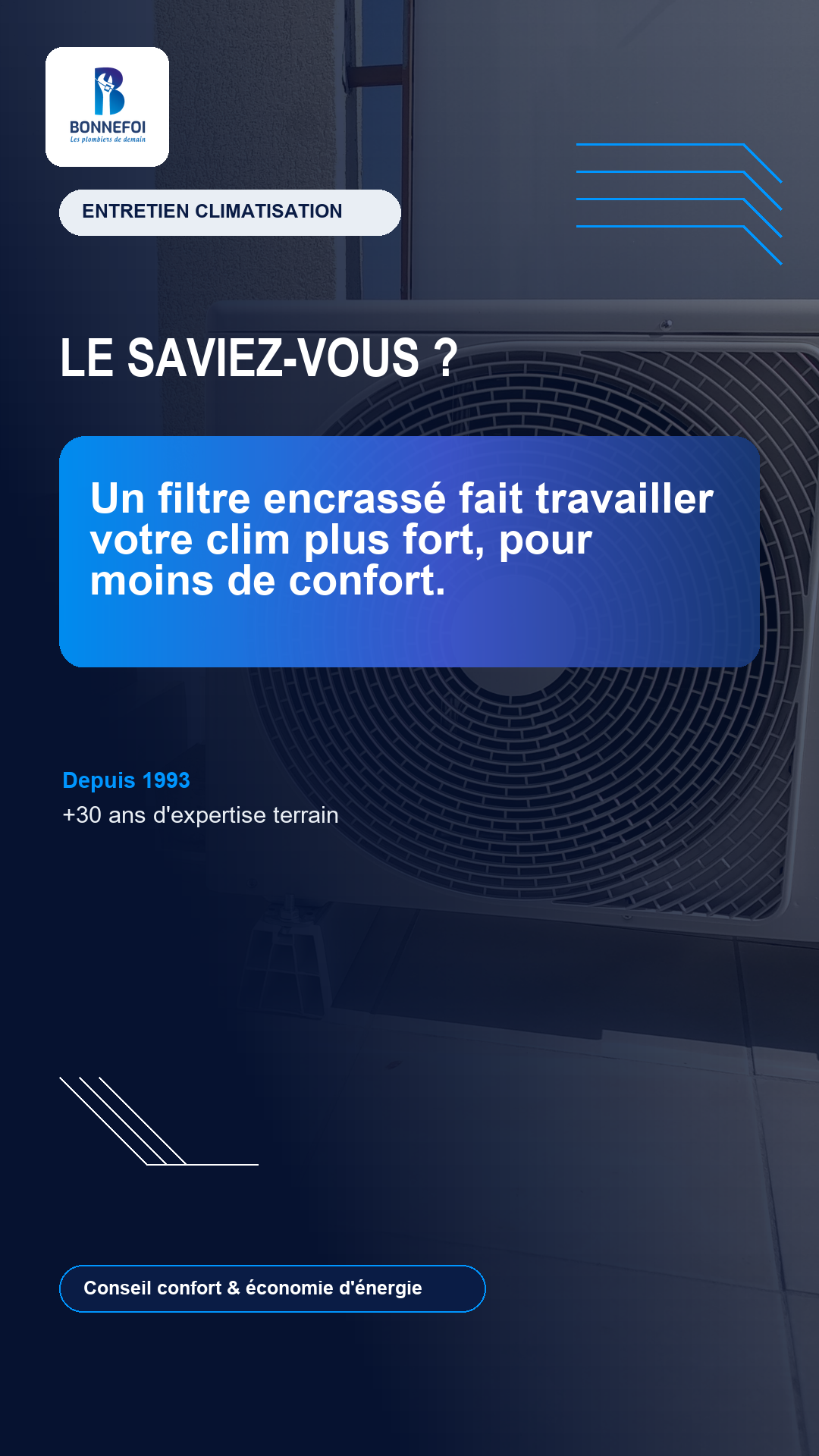 Réalisation Ads de KLD Communication par Quentin Larmande pour Bonnefoi - contenus pour les réseaux sociaux : story entretien climatisation.