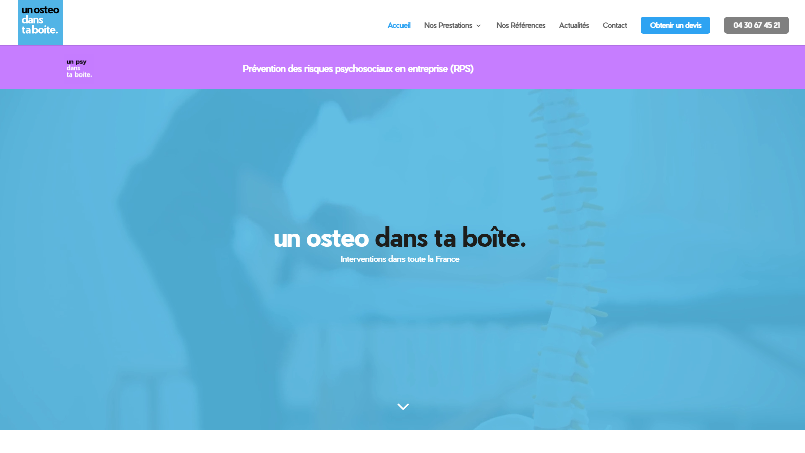 Page d’accueil du site Un Ostéo dans ta boîte, optimisée par KLD Communication et Quentin Larmande.