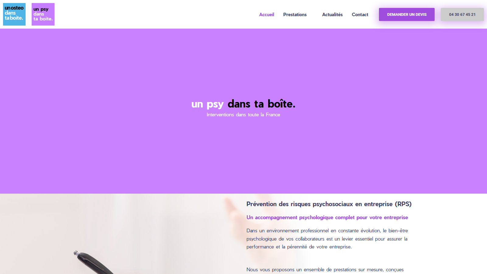 Page d’accueil du site Un Psy dans ta boîte conçue par KLD Communication et Quentin Larmande.